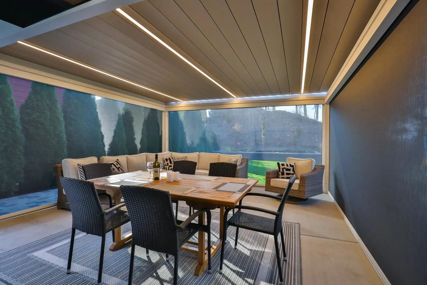Finished Alba louvered roof with side screens and LED lights