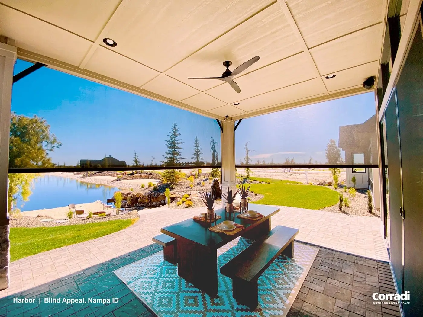 Exterior screens lowered around a covered patio