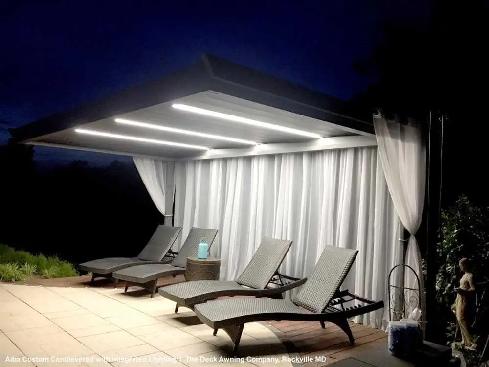 Corradi integrated LED lights in an Alba louvered roof at night